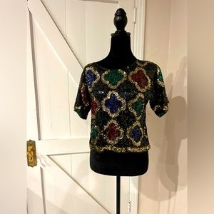 Vintage quatrefoil pattern jewel tones sequined and beaded silk top size small